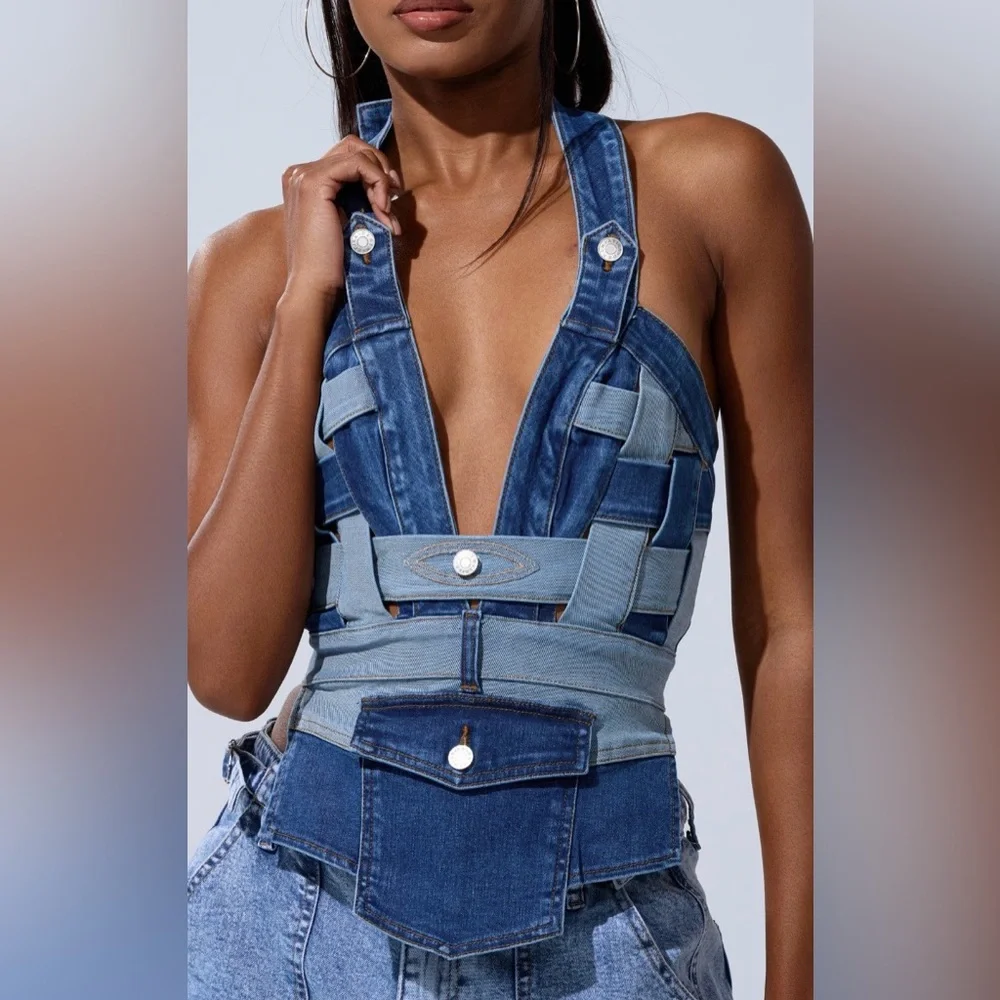 NWT AKIRA Stylish Blue Denim patchwork halter top size XL - Picture 4 of 4
